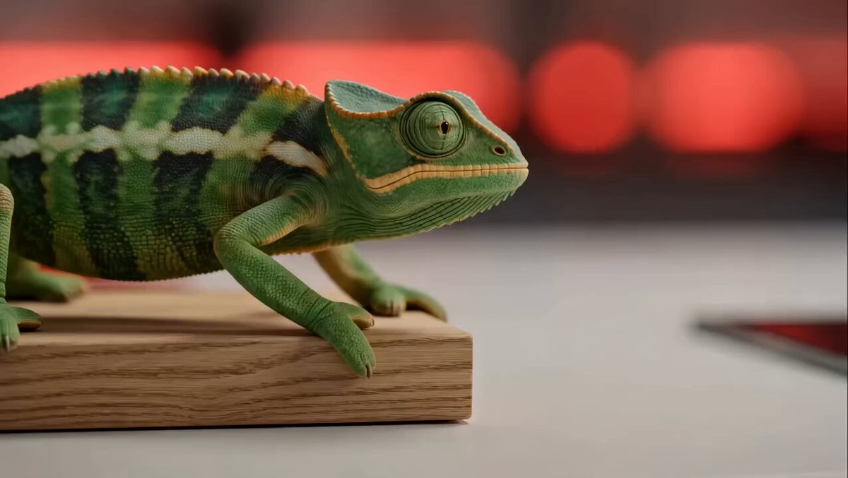 A green chameleon crawls across architectural material samples, transform...