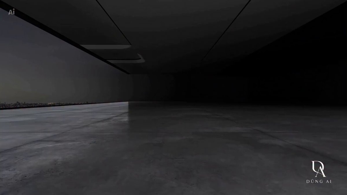 Camera moves through an empty luxury apartment. Golden wireframe outlines...