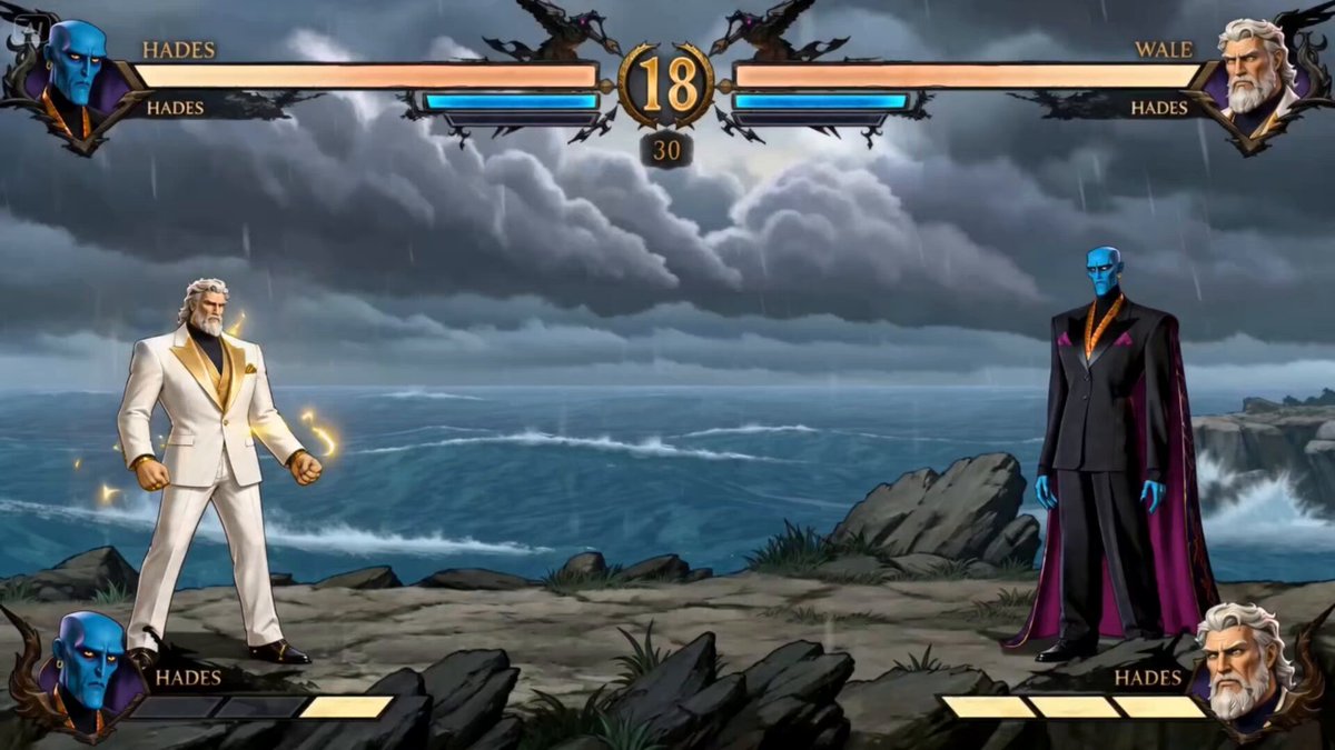 15-second 2D fighting game cinematic between Hades and Zeus inspired by c...