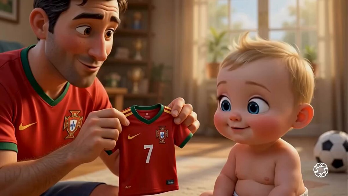 Pixar-style 3D animated cinematic video, heartwarming father-and-son foot...