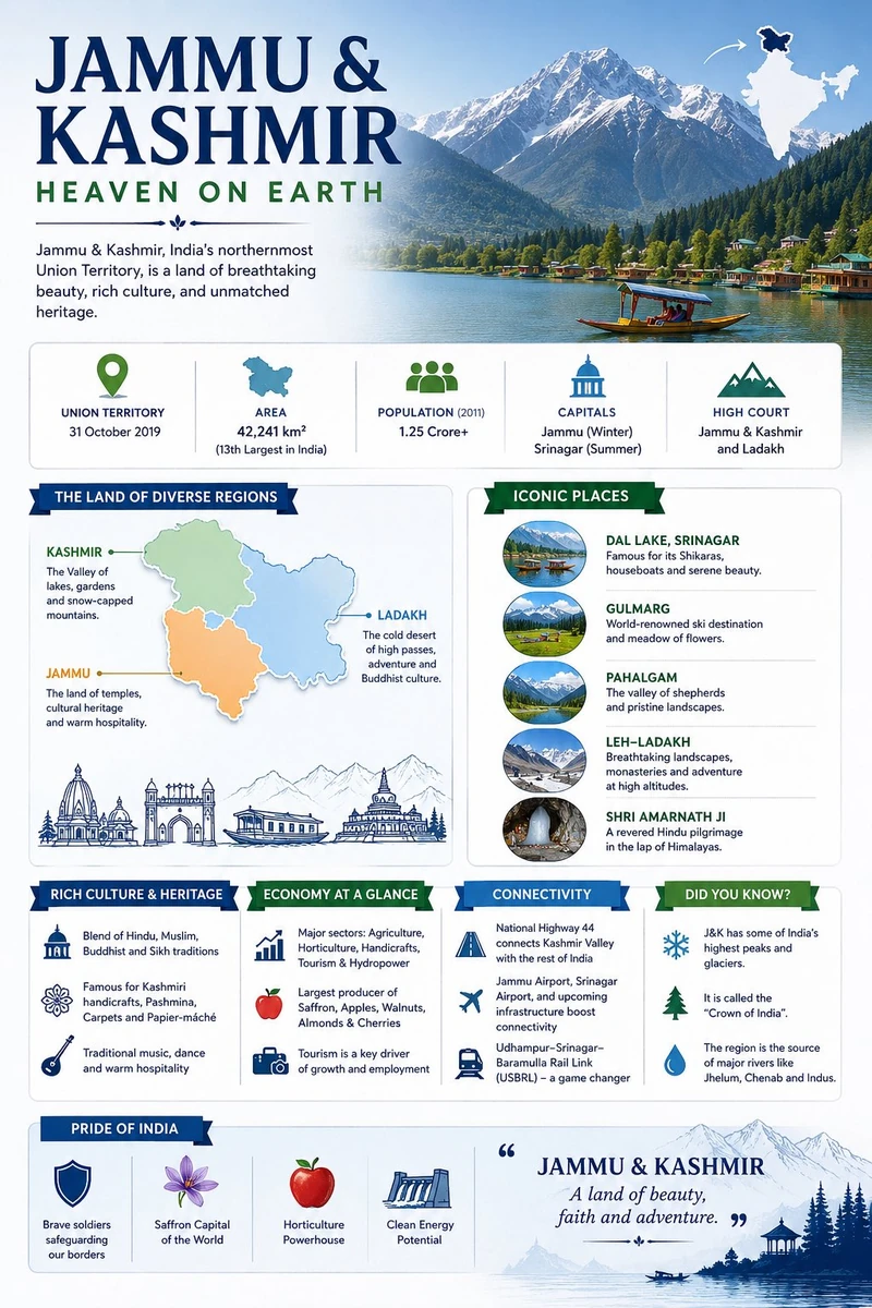 A premium cinematic infographic poster about Jammu &amp; Kashmir, “Heaven...