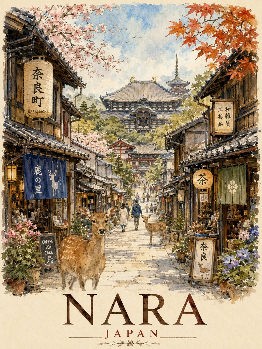 Ultra-detailed vintage travel poster illustration of Nara, Japan, painted...
