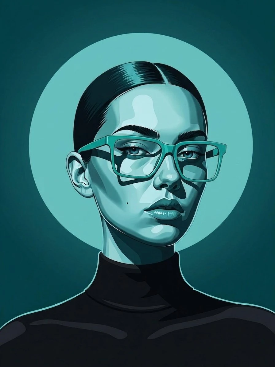 A bold modern vector portrait of a stylish woman wearing oversized geomet...