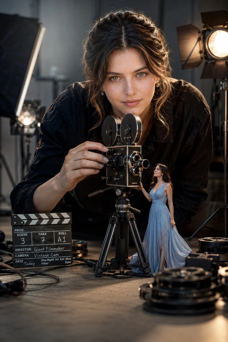 A hyper-realistic cinematic scene of a giant woman filmmaker carefully ad...