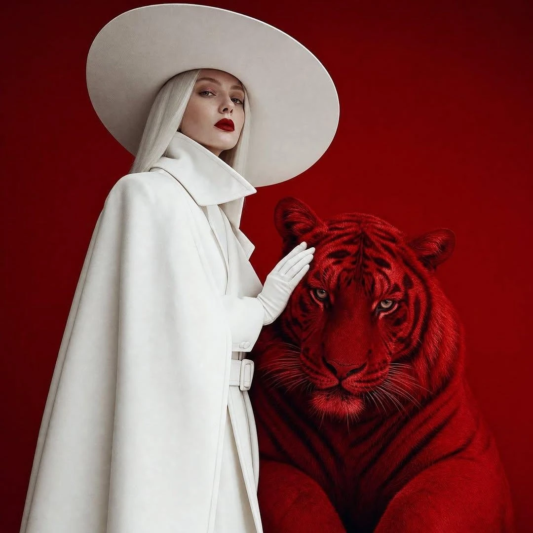 Surreal fashion editorial portrait, woman in full white wide-brim hat and...