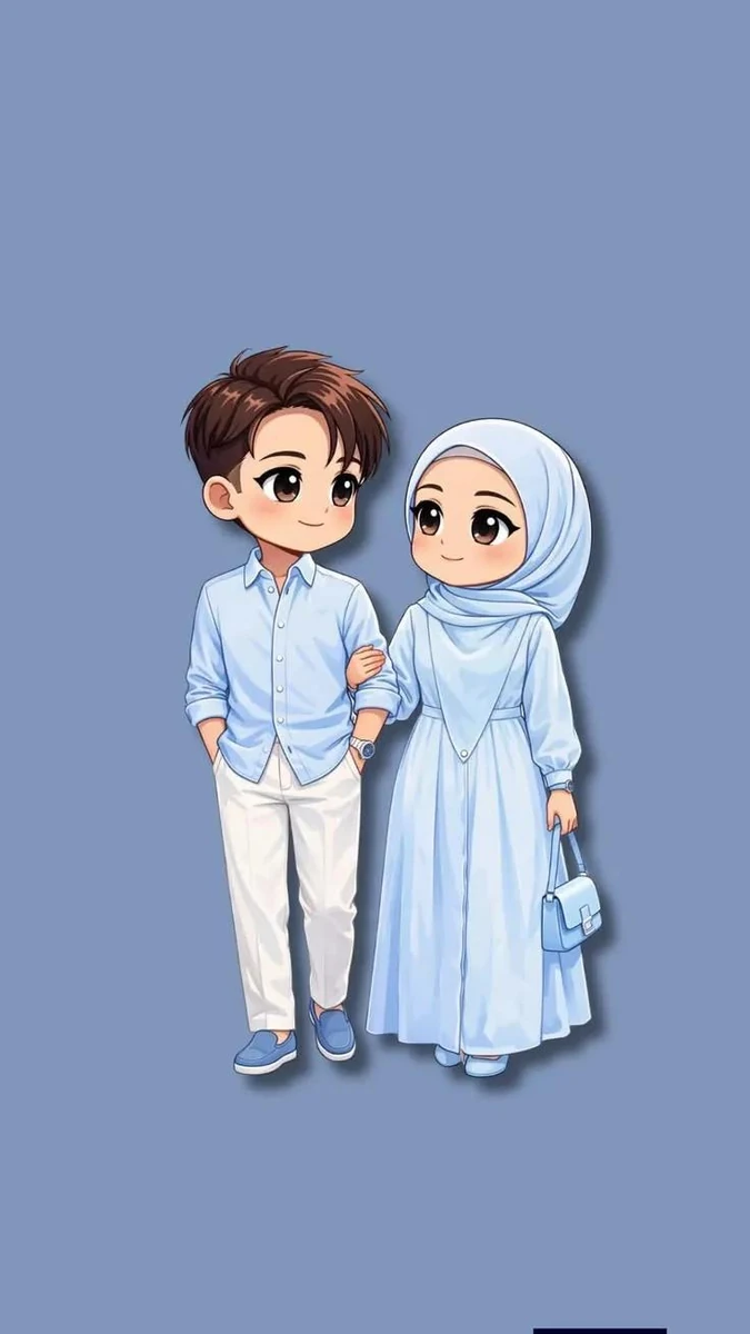 Adorable minimalist chibi Muslim couple, cute kawaii anime illustration,...