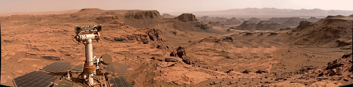A 4:1 panoramic photo captured on Mars by NASA’s Opportunity rover, showi...