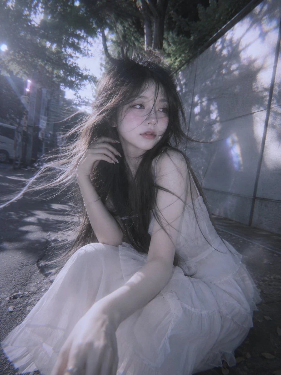 A surreal doll-like young woman with waist-length flowing hair, captured...