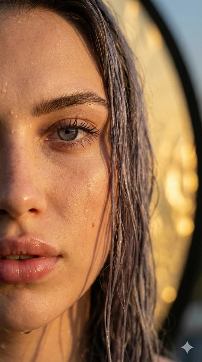 prompt_title": "Hyper-realistic Close-up Portrait (Wet Skin, Golden Hour)",