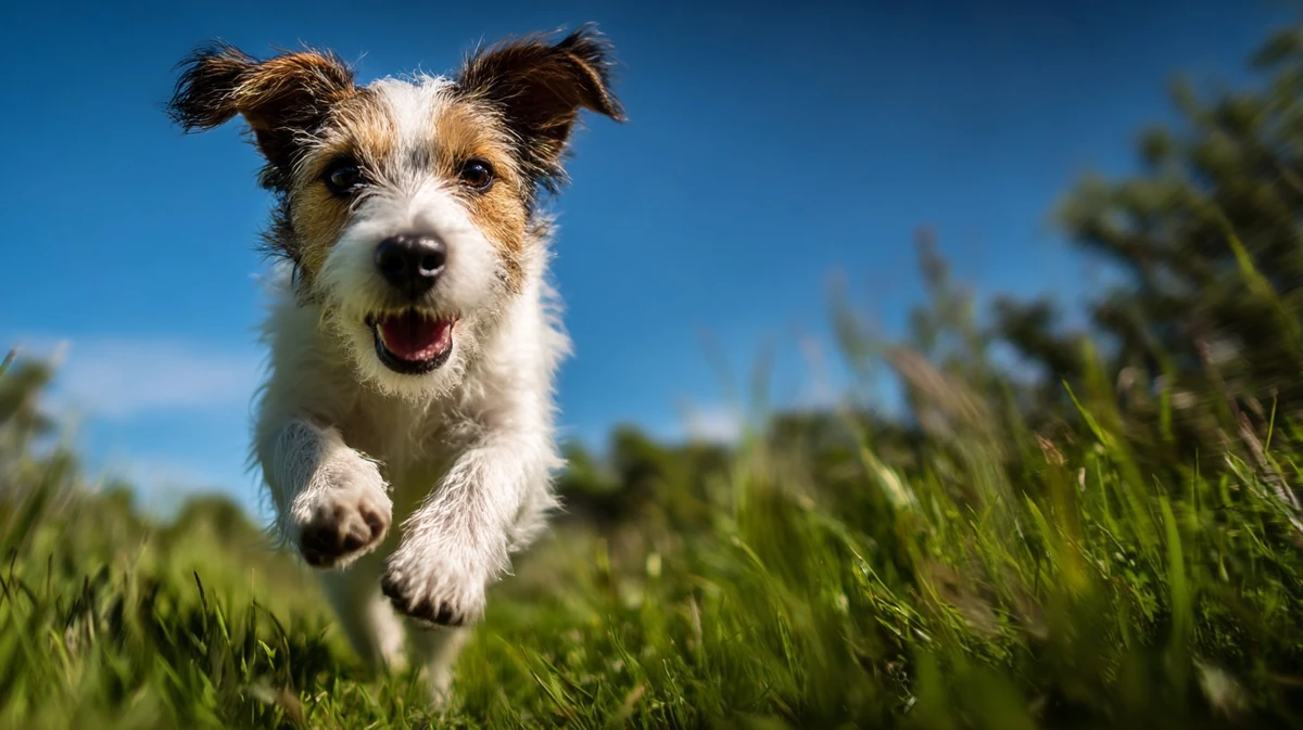 A dog is running fast through the grass, the camera sees the dog from the...