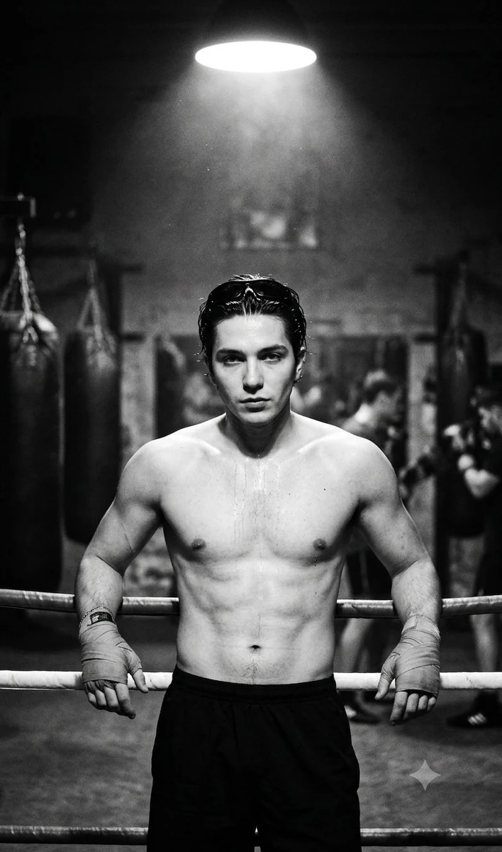 Gritty portrait of a man in a dimly lit boxing gym, dark hair slicked bac...