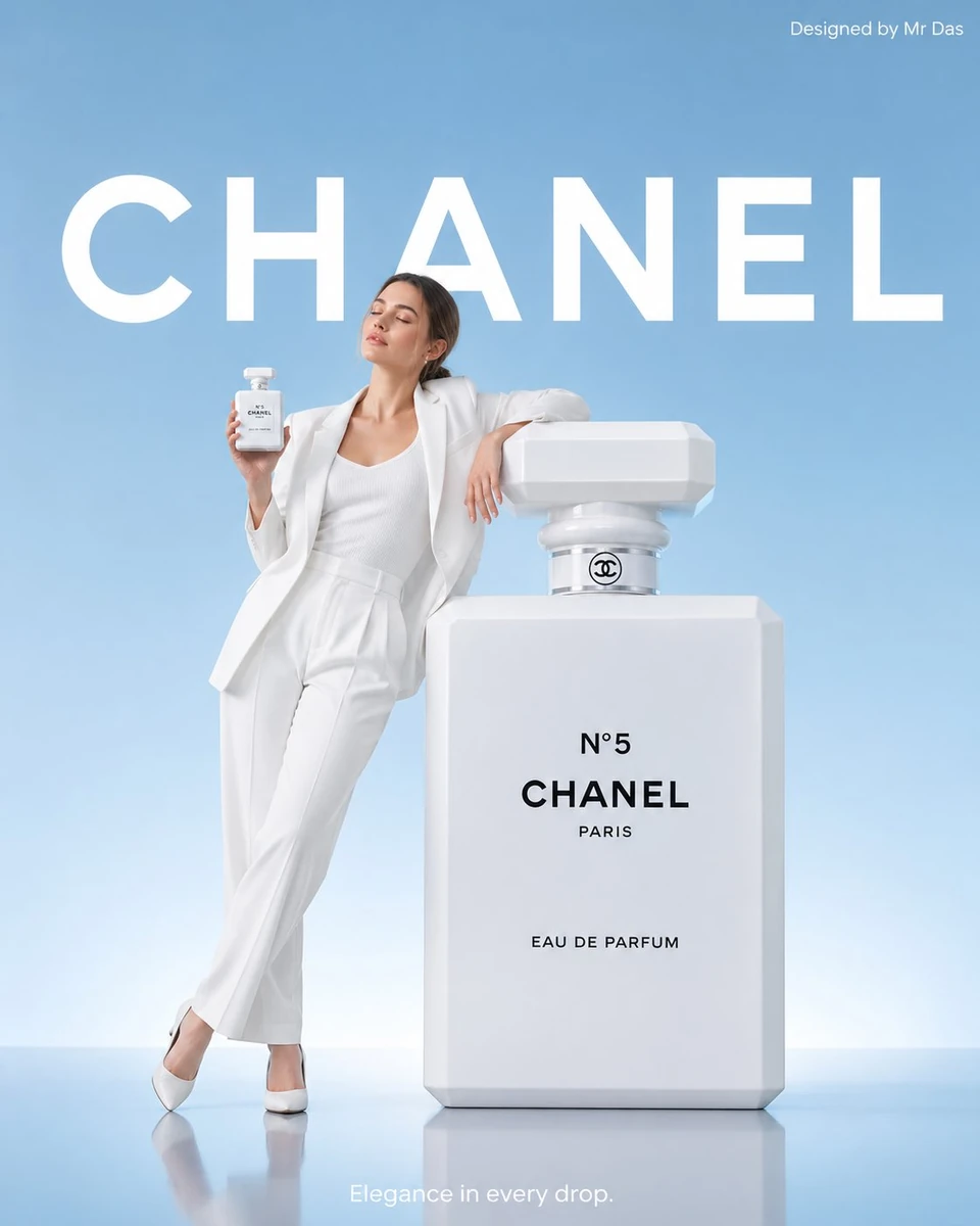 Minimalist commercial ad featuring oversized white perfume bottle, ultra-...