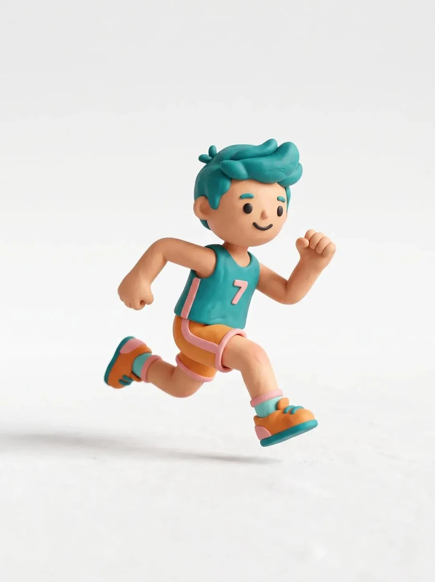 Cute 3D render of a small stylized runner in dynamic sprinting pose, matt...