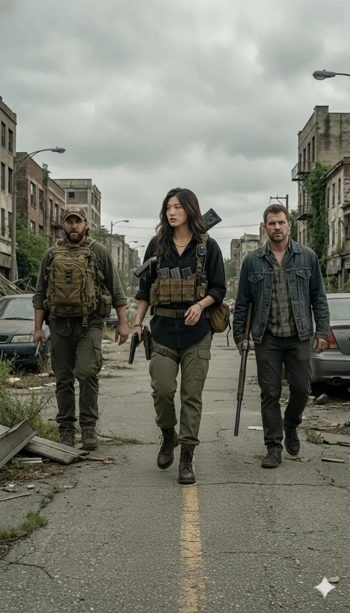 A gritty post-apocalyptic scene featuring three armed survivors walking d...