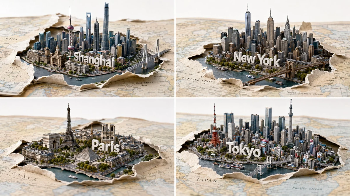 2x2 grid, 16:9, 4 famous cities A = { paper map layer: curled edges, tear...