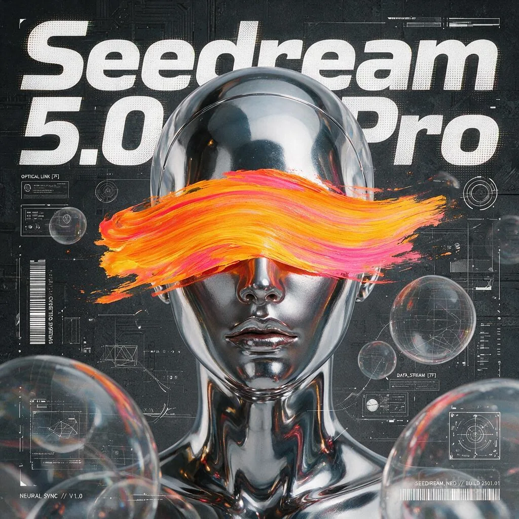 A sci-fi cyberpunk graphic design poster. In the center, a striking portr...