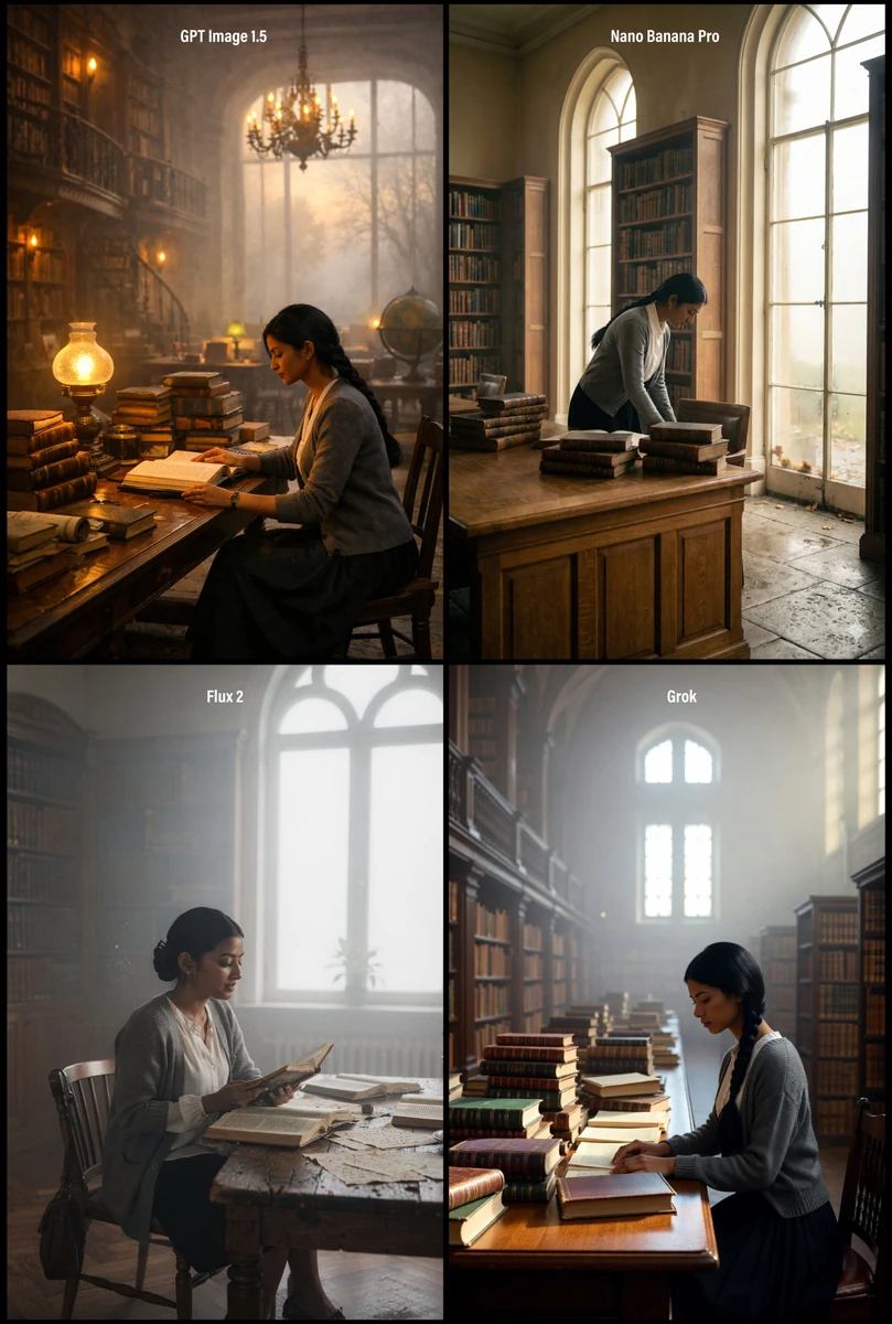 A realistic depiction of a grand library during a foggy autumn dawn. Mute...