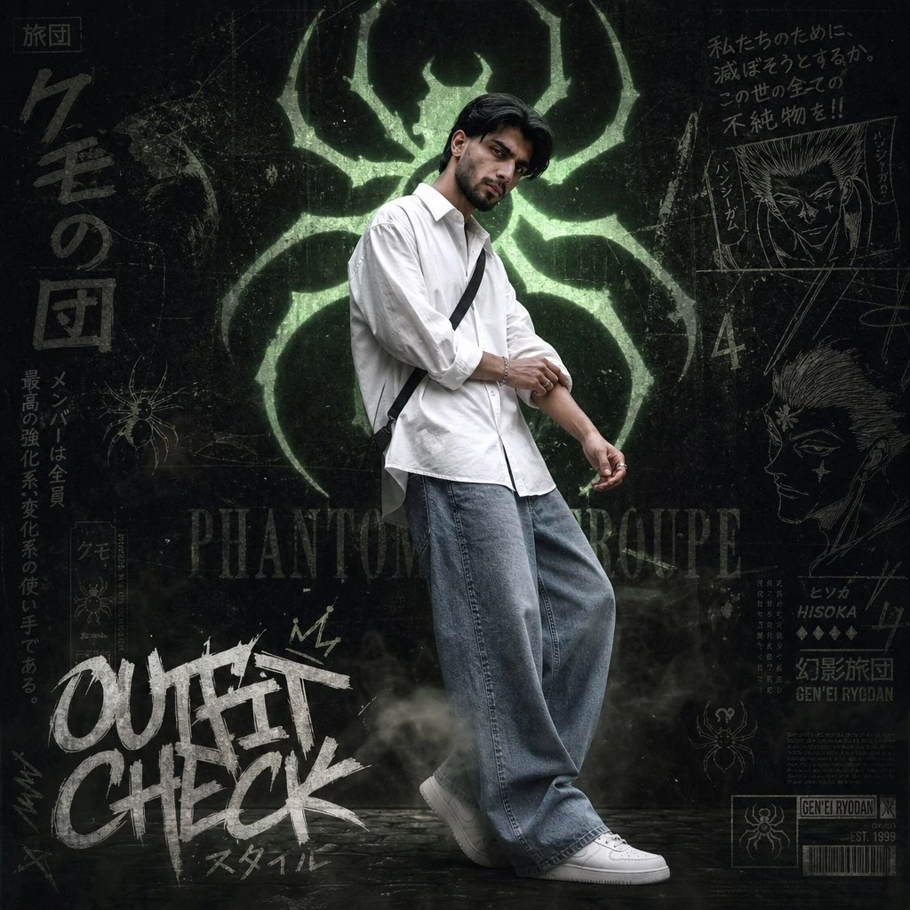 A hyper-realistic anime streetwear poster featuring a young Indian man(up...