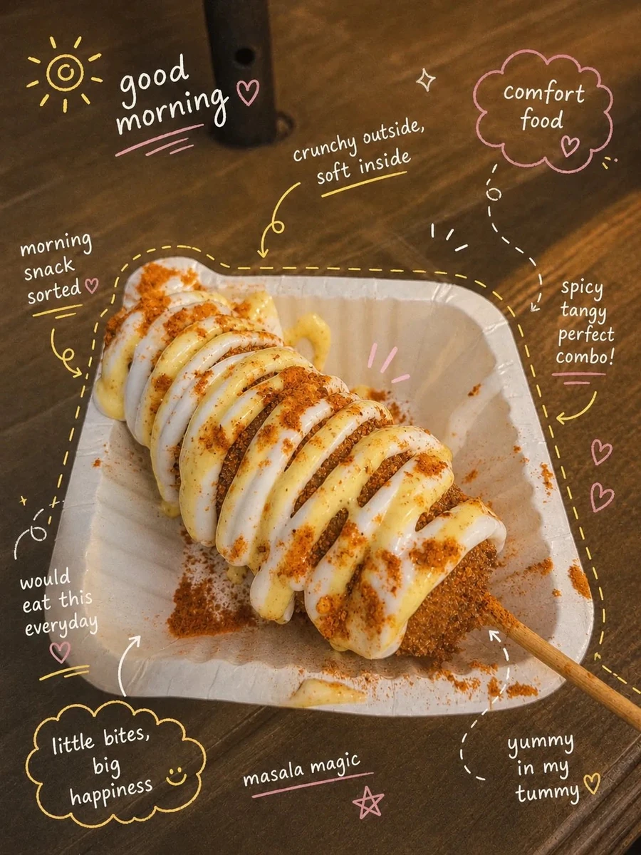 Aesthetic close-up food photography of a crispy Korean-style corn dog on...