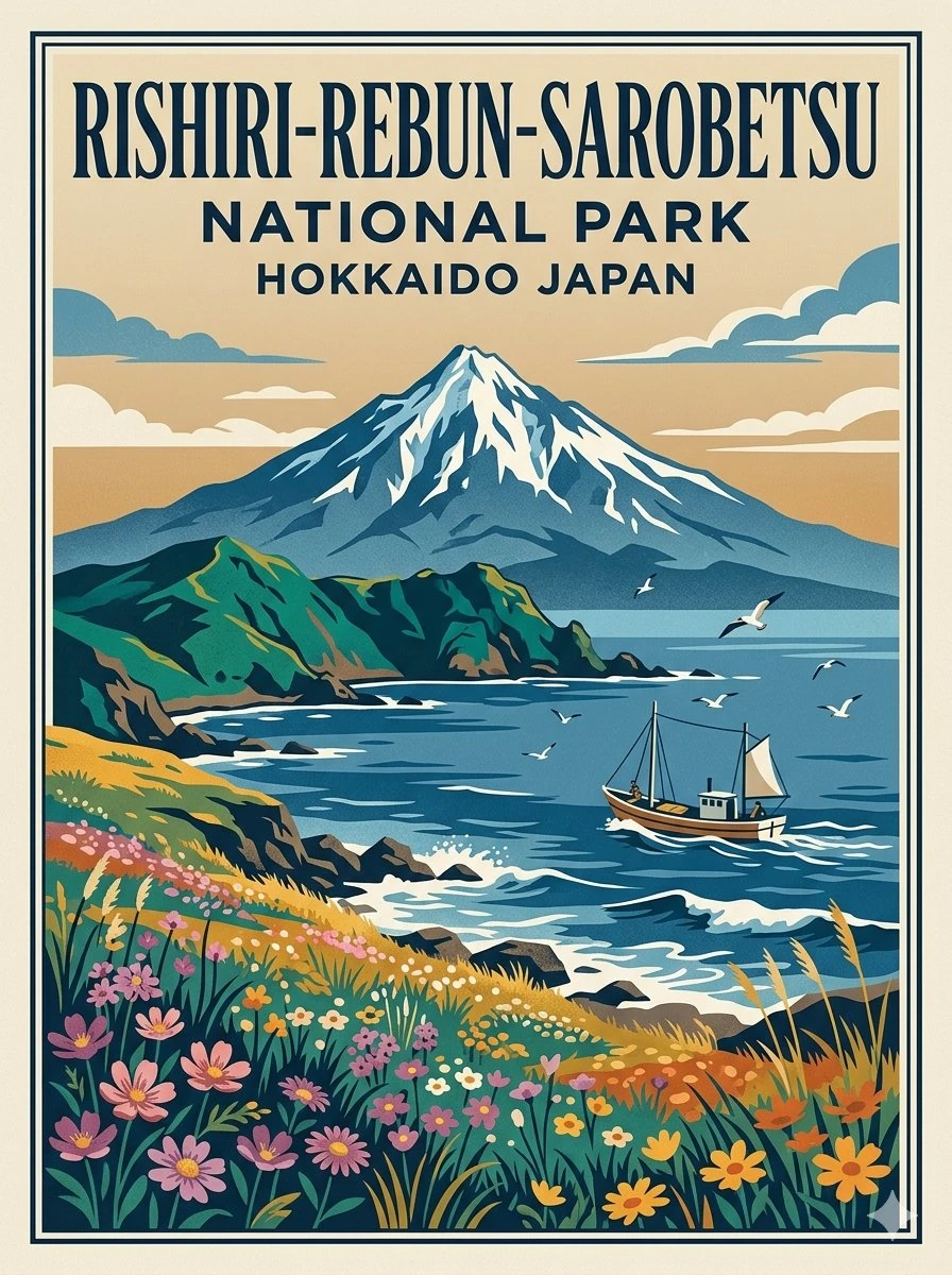 Vintage national park travel poster illustration of Rishiri-Rebun-Sarobet...