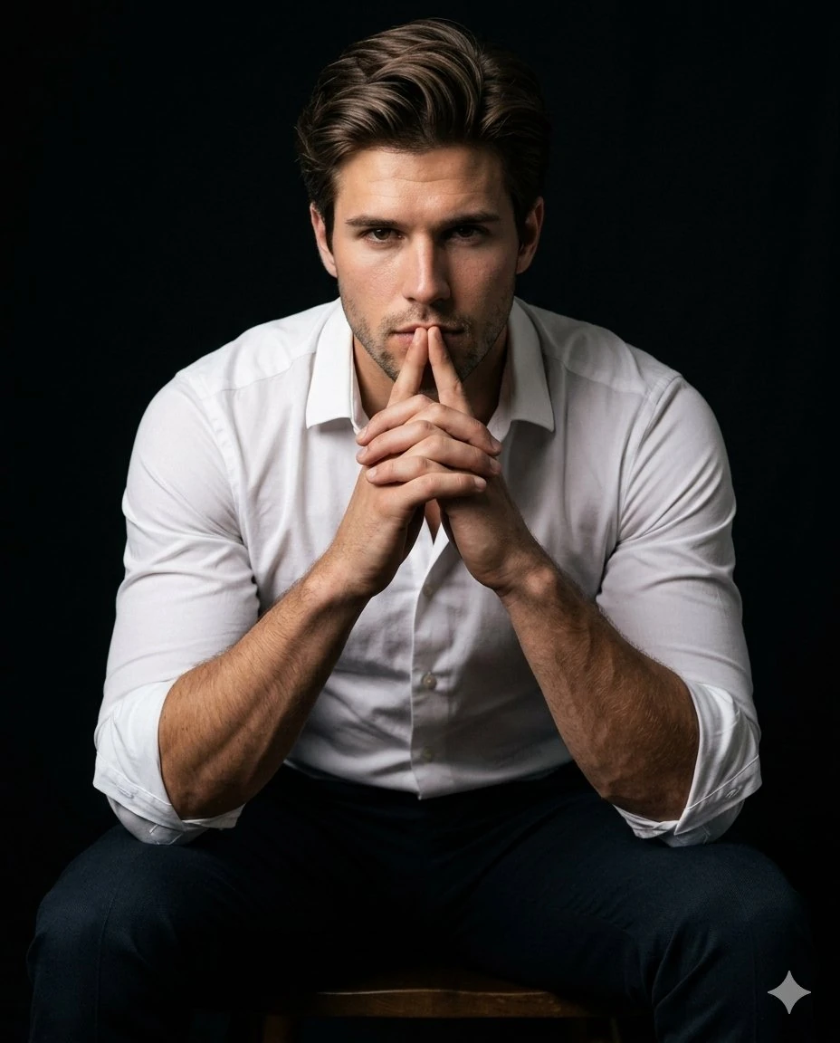 Portrait of me sitting on a chair, leaning slightly forward with elbows r...