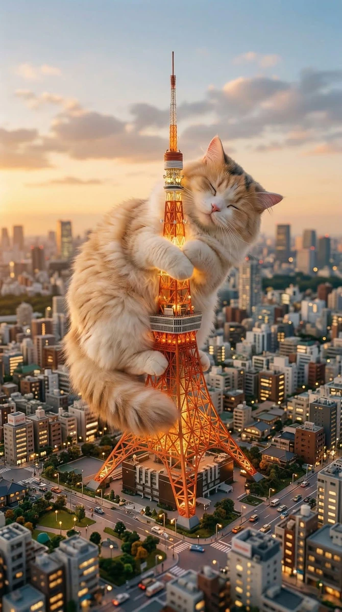 A super giant, extremely cute cat sitting on and occupying Tokyo Tower, t...