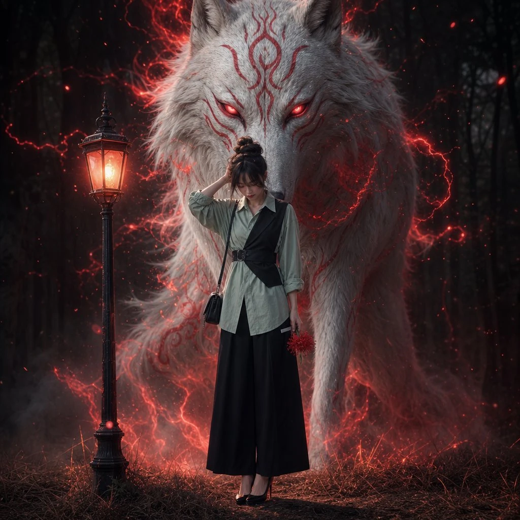 Ultra realistic dark fantasy cinematic scene, a giant mystical white wolf...