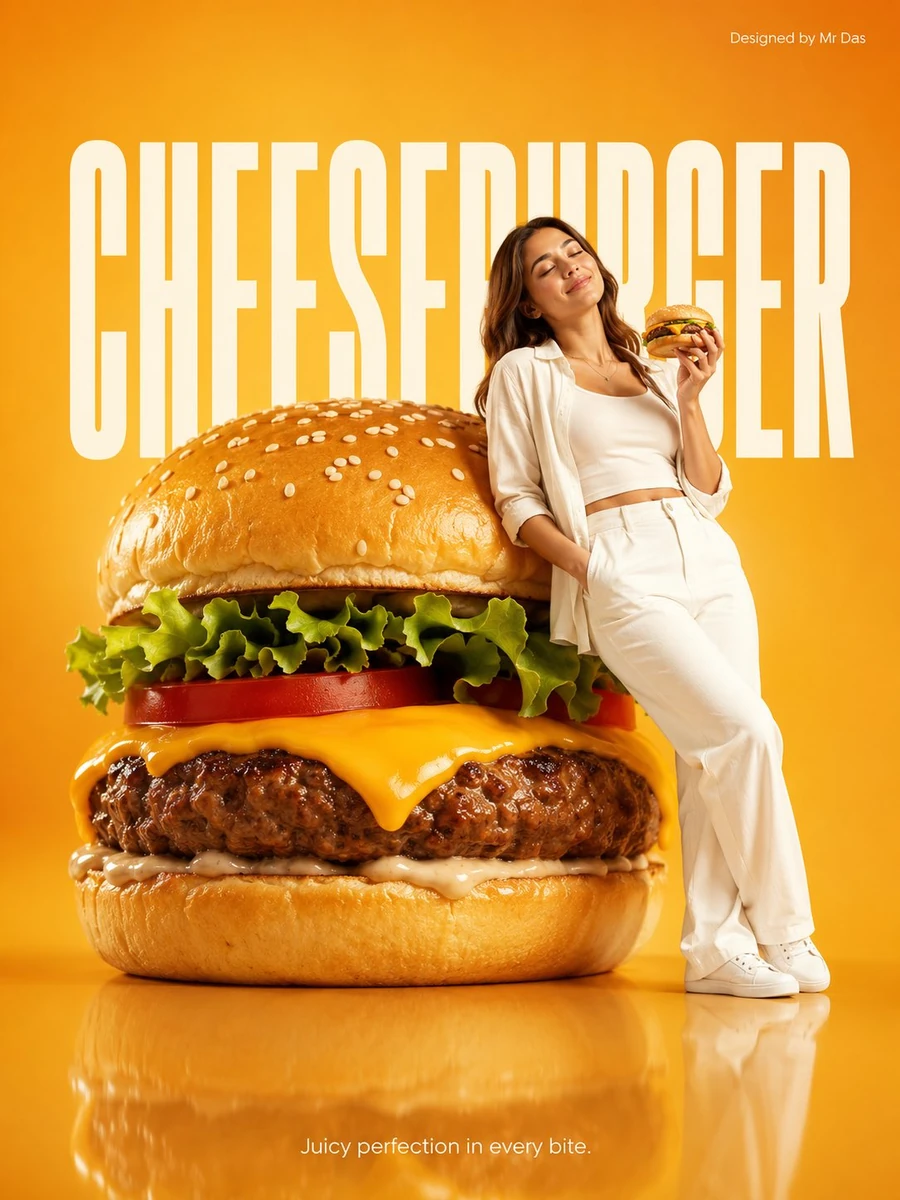 Minimalist commercial ad featuring oversized premium cheeseburger with pe...