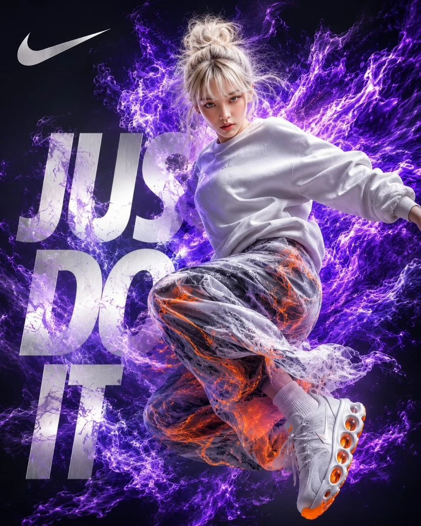 Ultra-premium sportswear advertising poster, dynamic airborne athlete in...