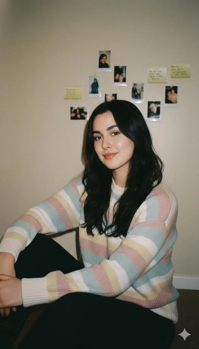 Cozy lifestyle portrait of a young woman sitting casually indoors, long d...