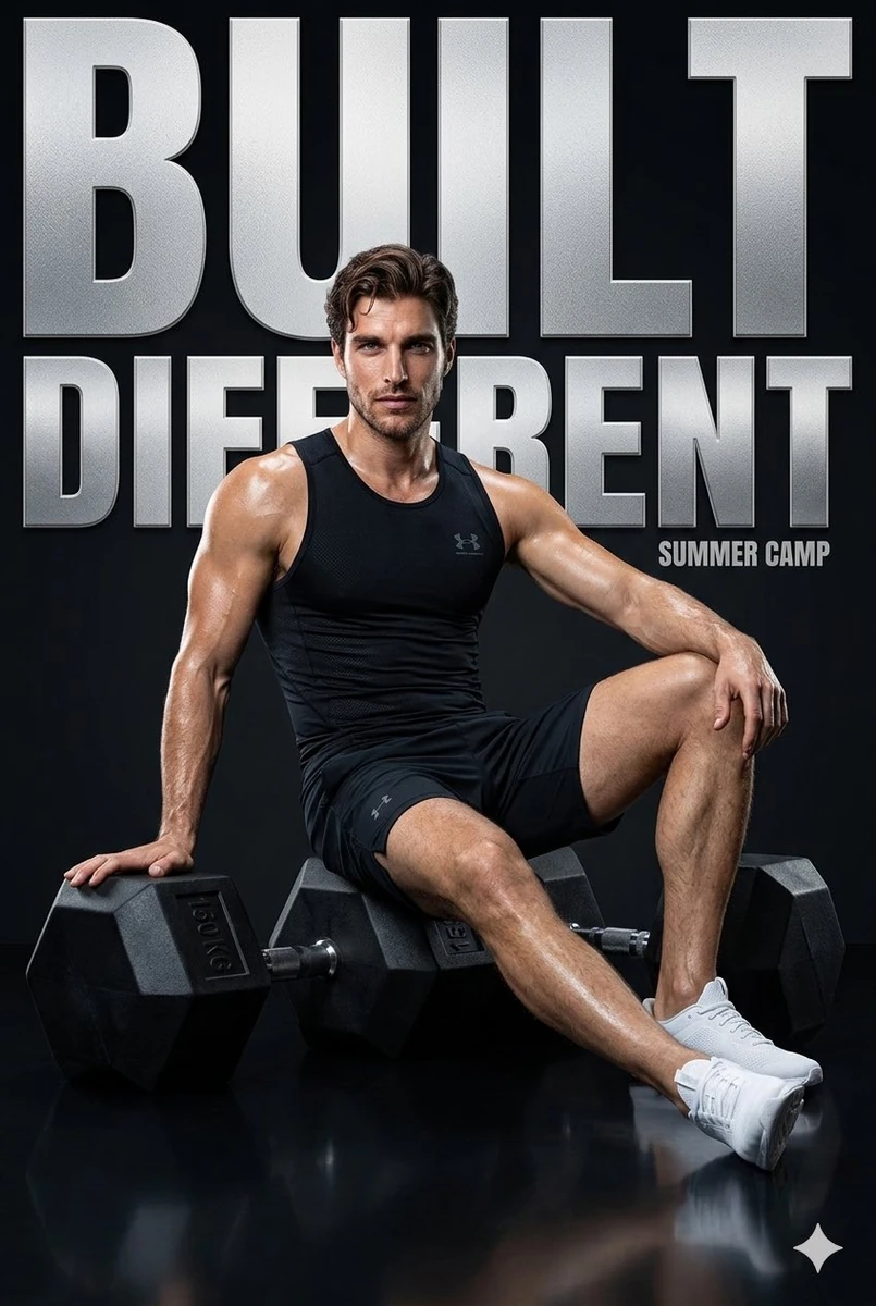 Ultra-realistic high-end fitness campaign poster featuring a young man (u...