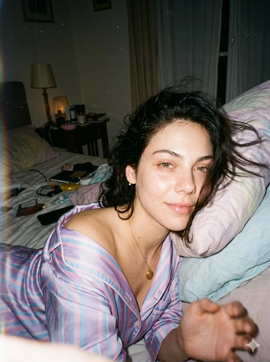 A candid disposable-camera snapshot of the same subject in the attached i...