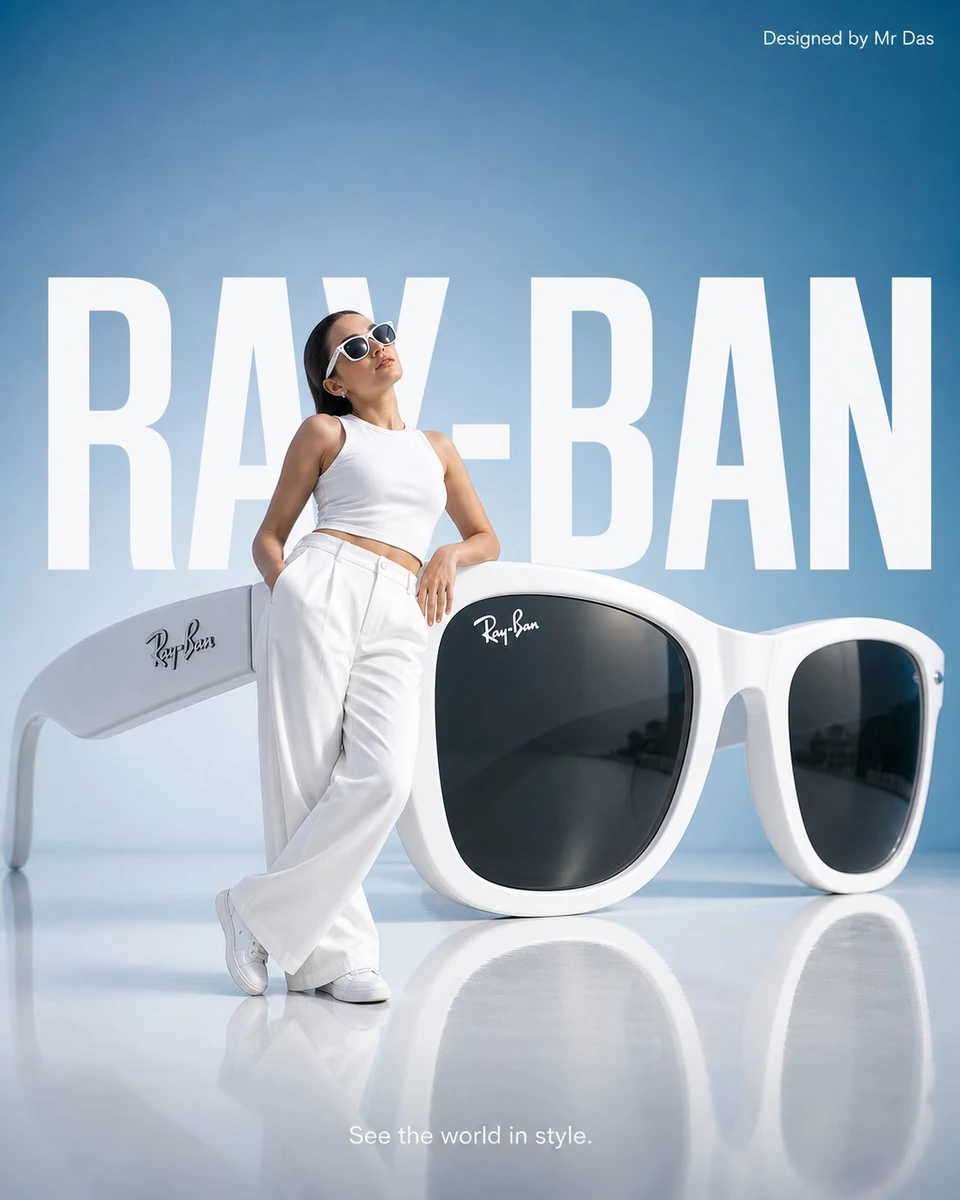 Minimalist commercial ad featuring oversized white Ray-Ban sunglasses, ul...