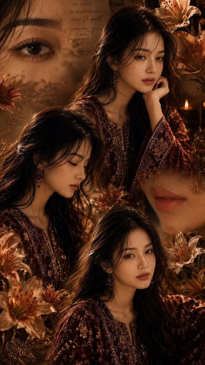 - Create a luxurious editorial-style digital collage featuring the same e...