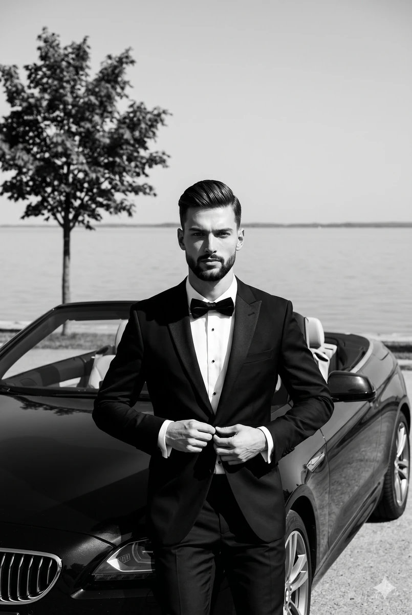 A man in a black tuxedo is centered in the frame, projecting a serious, q...