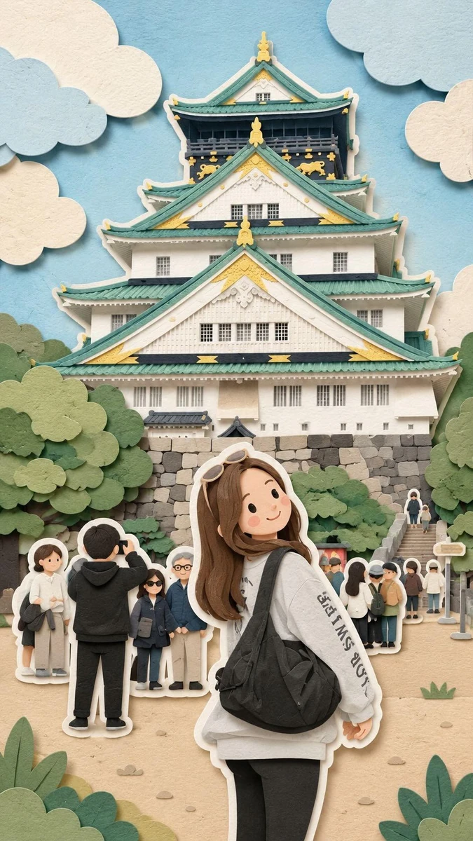 Whimsical kawaii travel diorama, adorable paper-cut art style, cute anime...