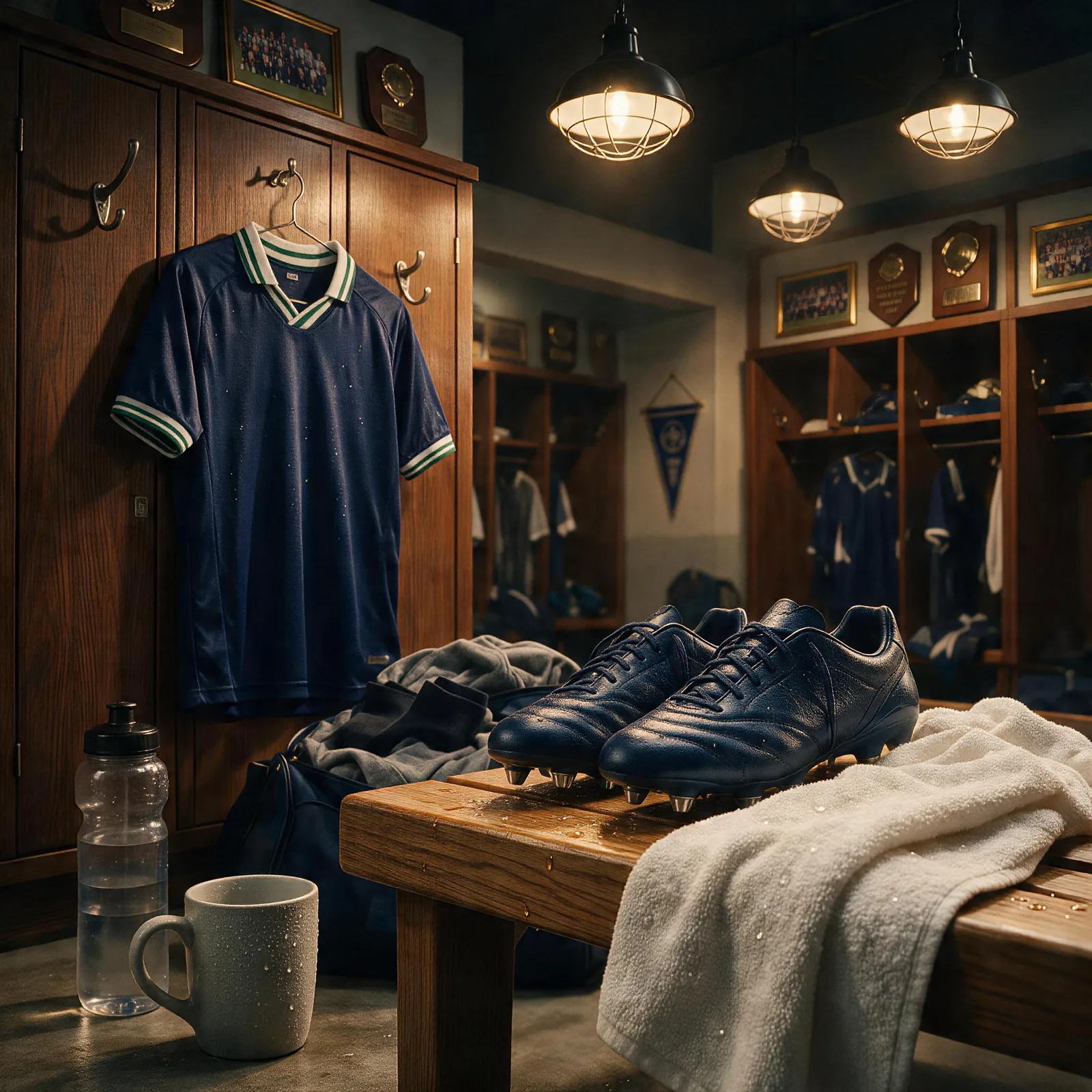 room, jersey fabric, football boots, towel, and water droplets nearby, dr...