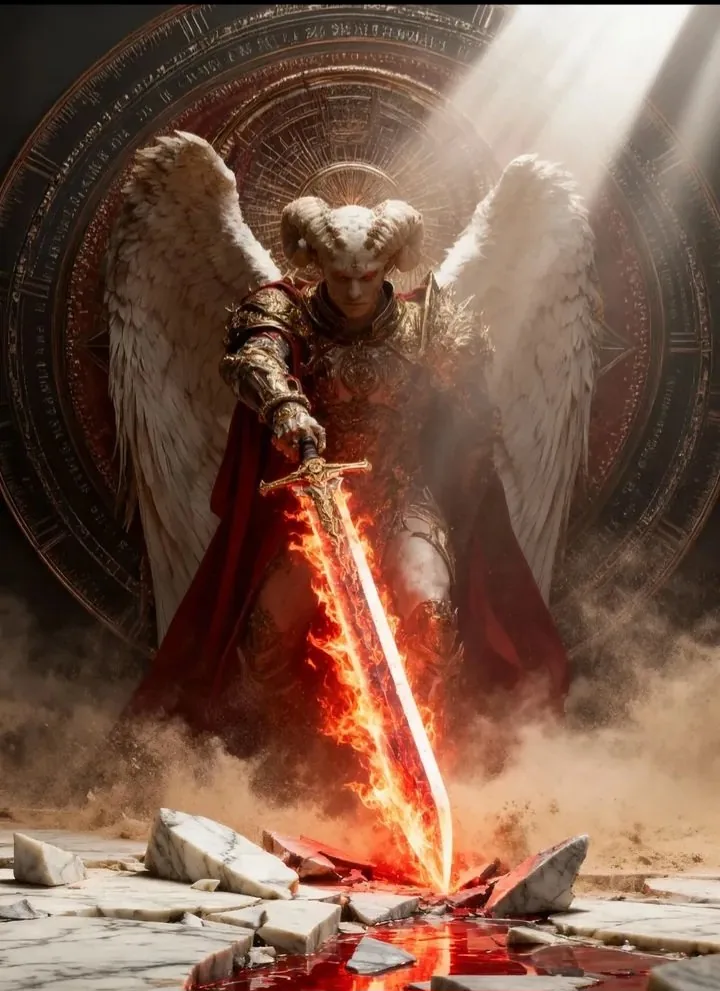 A divine fallen angel warrior kneeling in the center of an ancient celest...