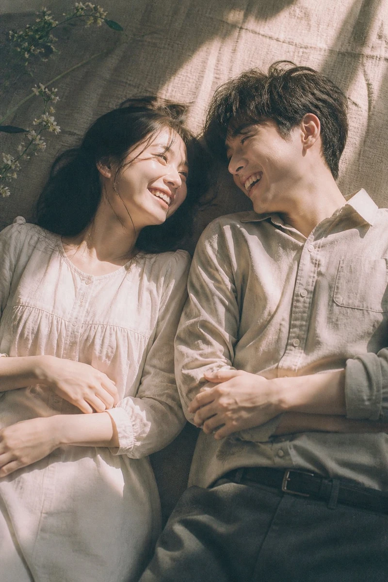 A cinematic top-down portrait in aesthetic style of a young couple lying...
