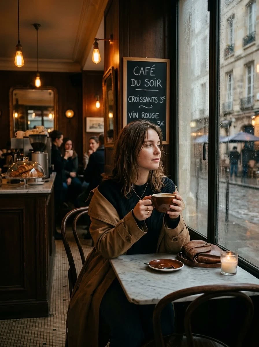 Cinematic photo of a young woman sitting alone in a cozy Parisian café on...