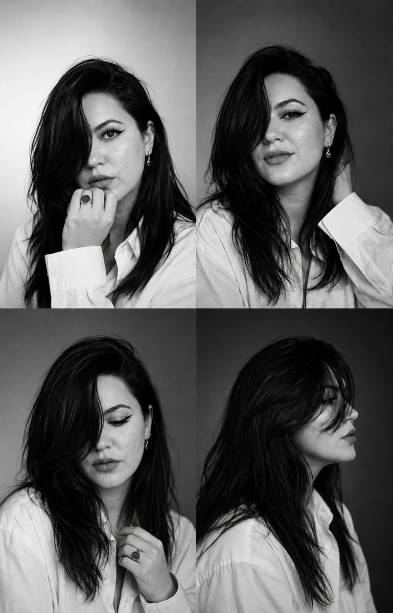 Black-and-white fashion casting contact sheet of a woman with long straig...