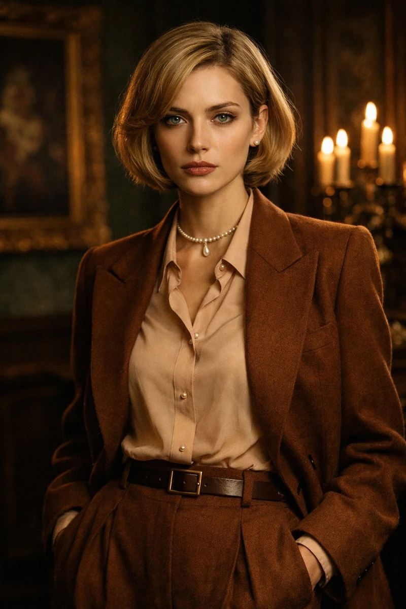 A highly detailed portrait of a confident young woman in her late 20s wit...