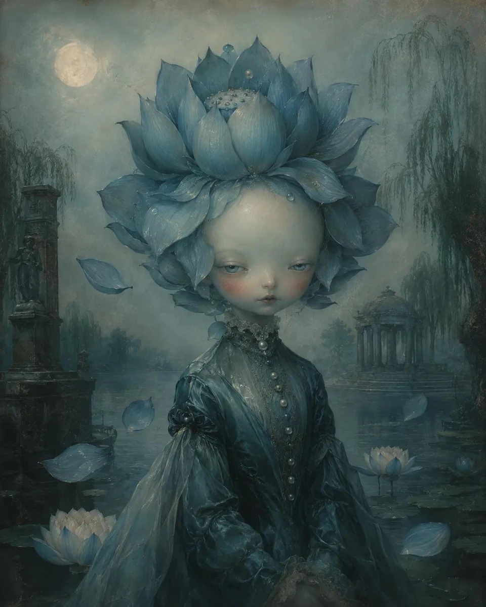 Whimsical eerie portrait of an anthropomorphic [FLOWER] person with delic...