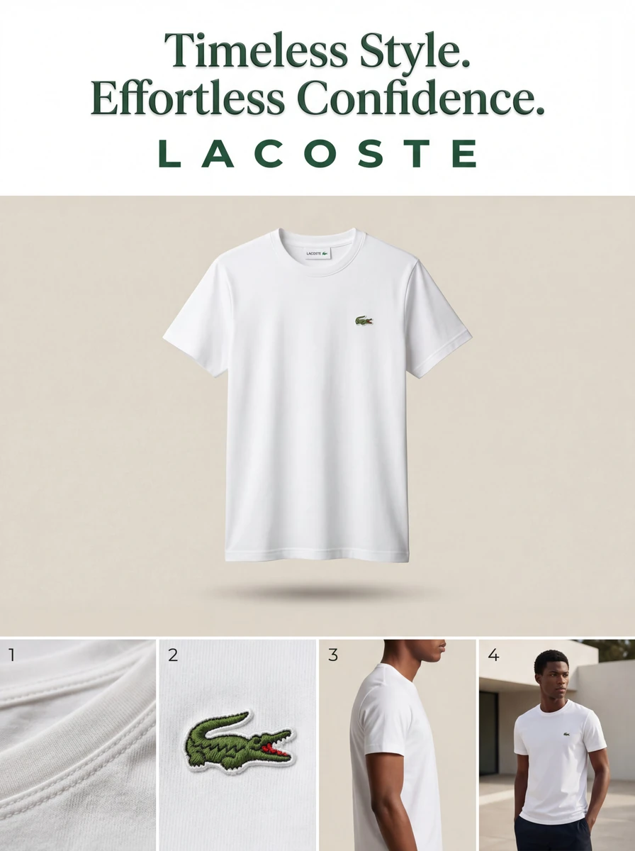 Objective": "Create a premium 3:4 Lacoste t-shirt advertisement featuring...