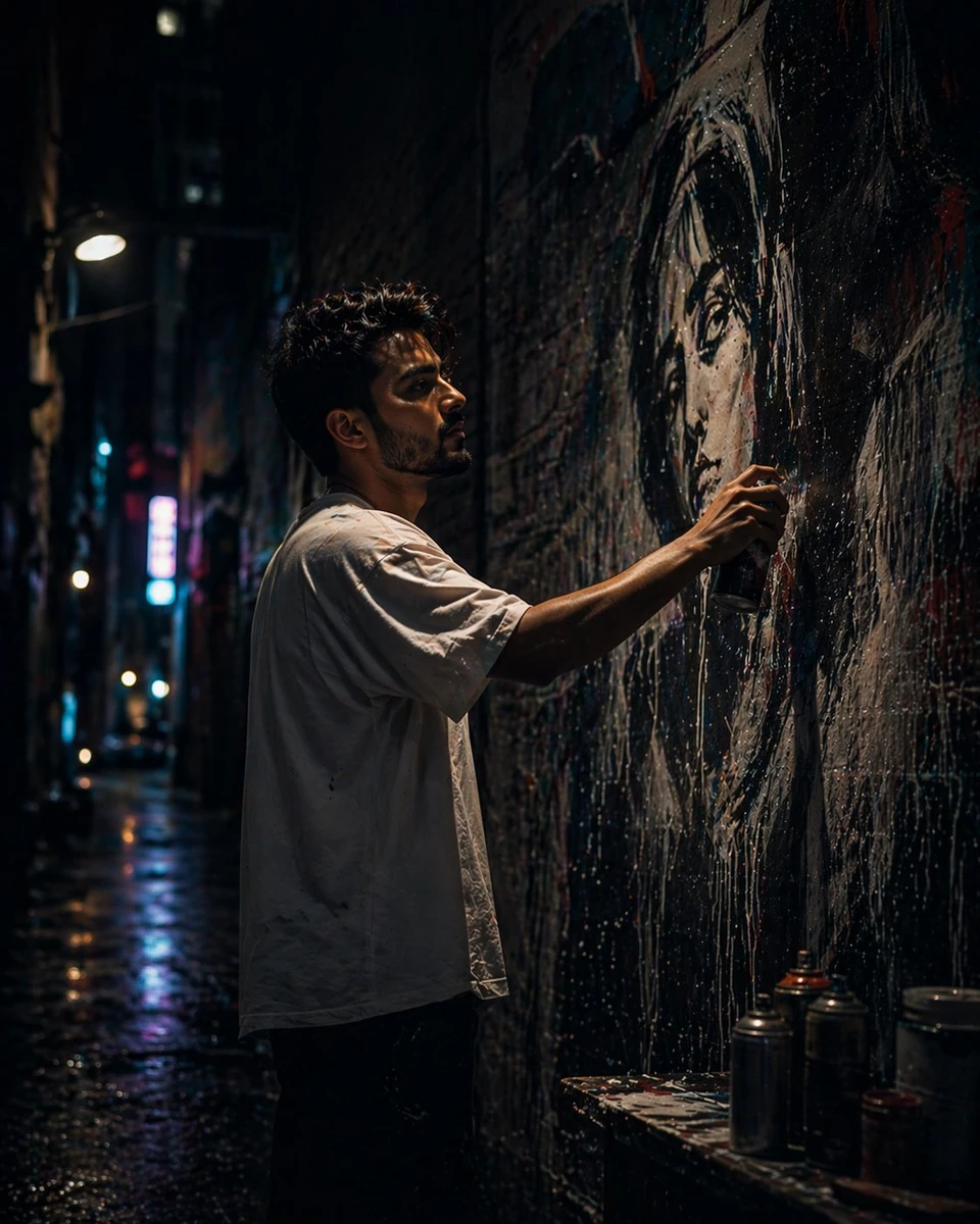 - A cinematic, ultra-realistic night scene of a young male street artist...