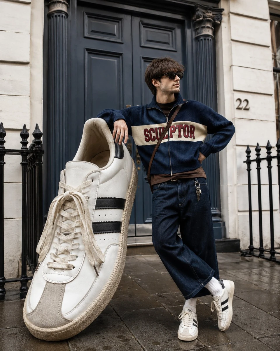 A premium high fashion street style editorial photograph featuring a styl...