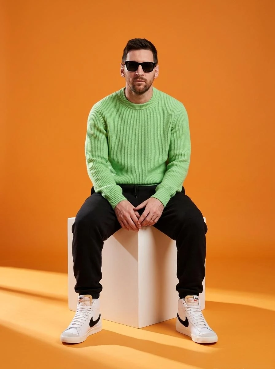 A stylish male model sitting on a white cube in a minimalist studio with...