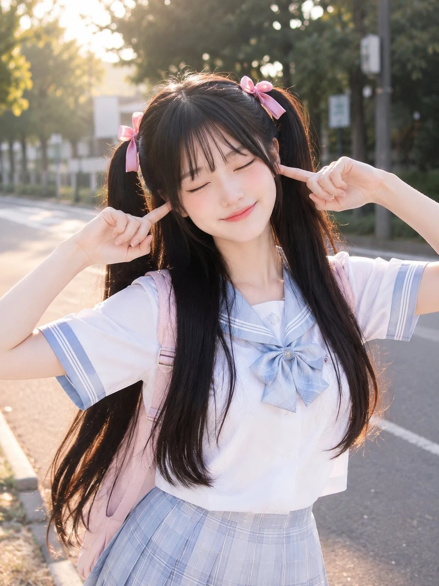 Cute anime-inspired teenage girl standing outdoors on a quiet street, lon...