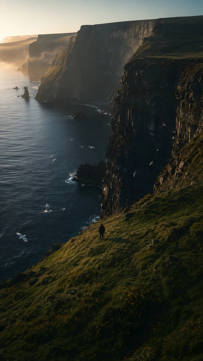 Ultra-realistic cinematic aerial photograph of a Nordic coastal cliff at...