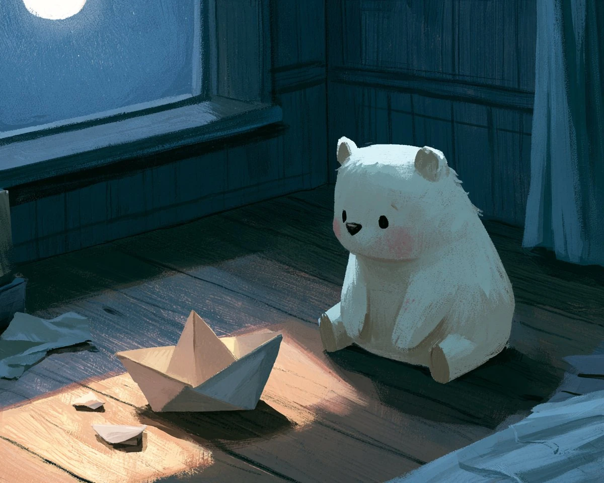 children's book illustration of a small bear apologizing to a broken toy...